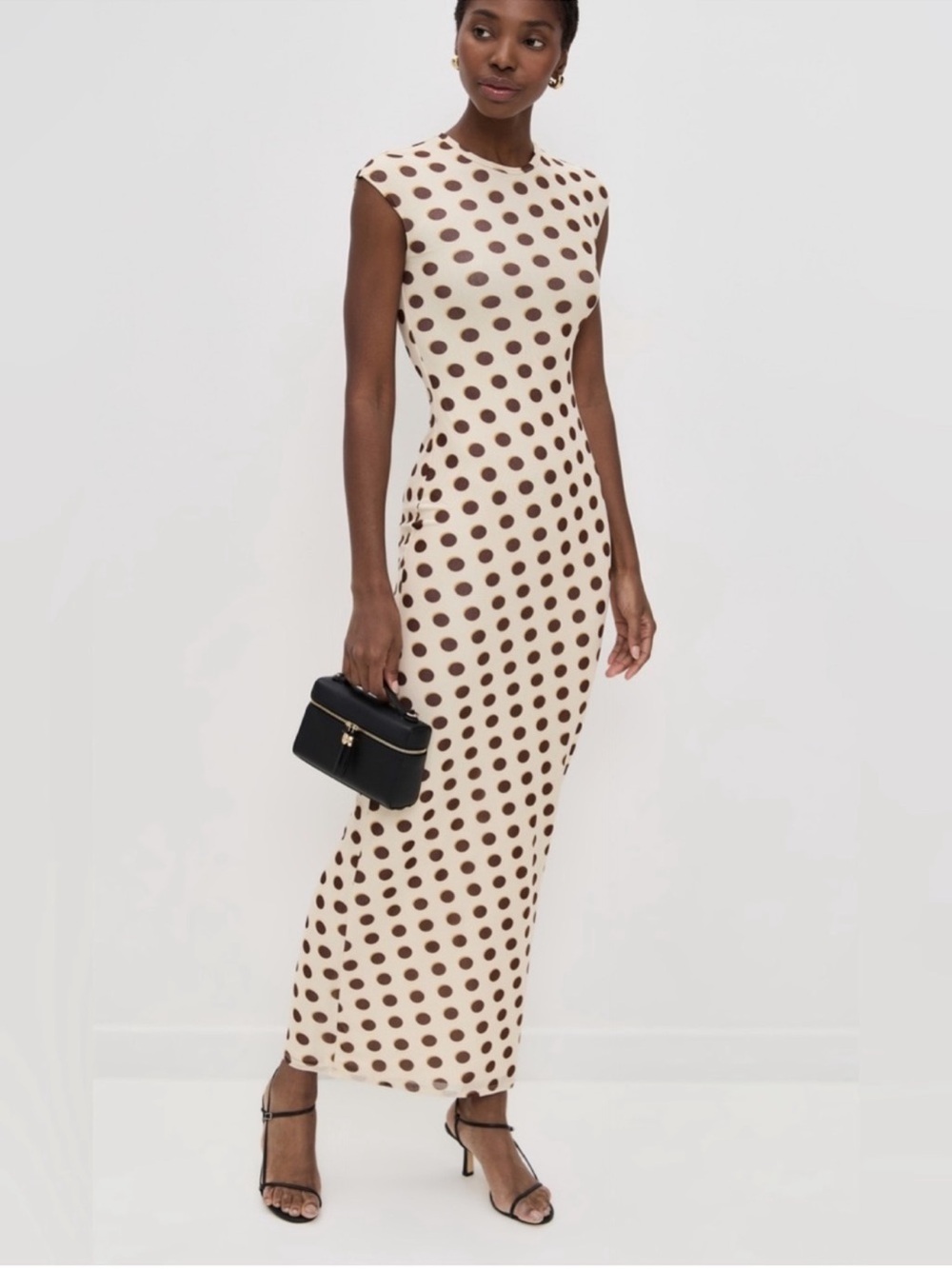 AFRM Cream Maxi Halo Dress with Brown Polka Dots